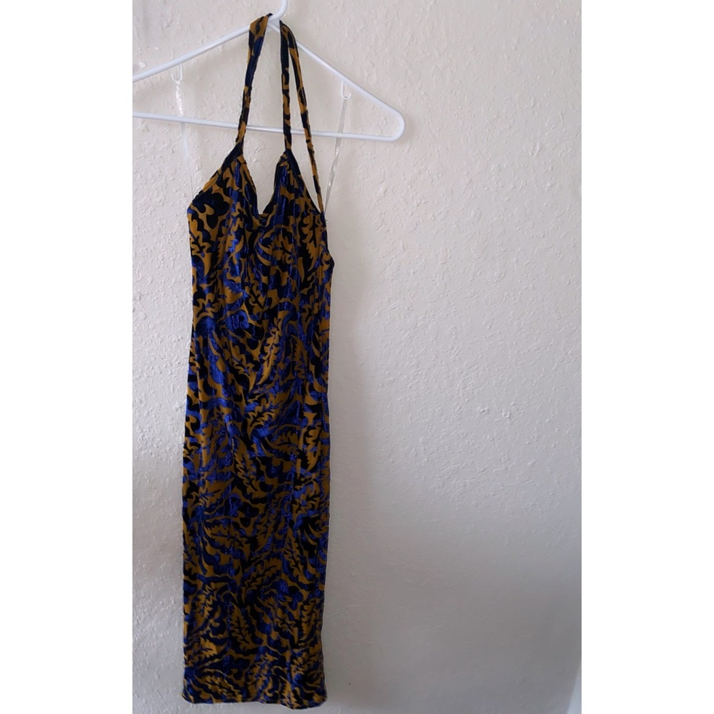 Elegant Blue and Gold Halter Dress